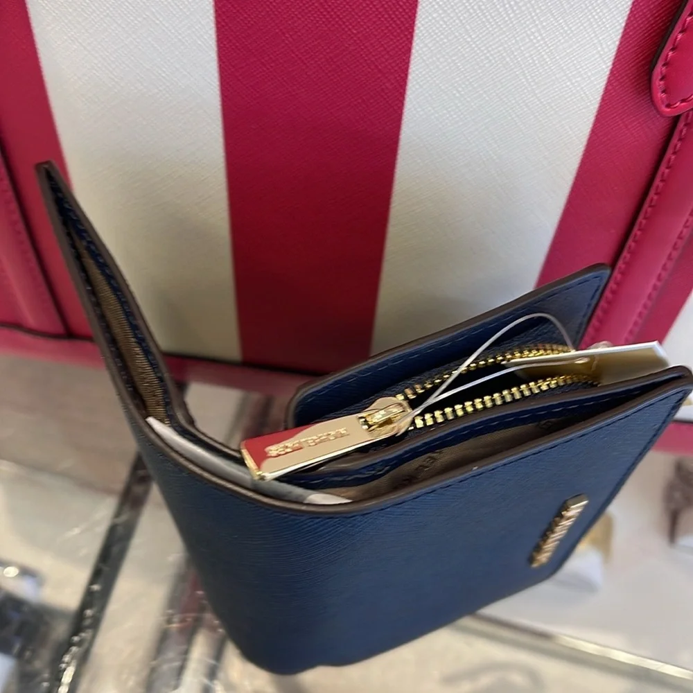 MICHAEL KORS Medium Jet Set Travel Crossgrain Leather Bifold Zip Wallet Navy NWT